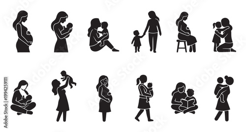 A collection of black silhouette icons depicts various stages of motherhood from pregnancy and childbirth to nurturing and childcare activities.