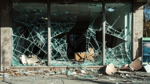 A shattered storefront in an urban area, emphasizing the effects of community violence and neglect