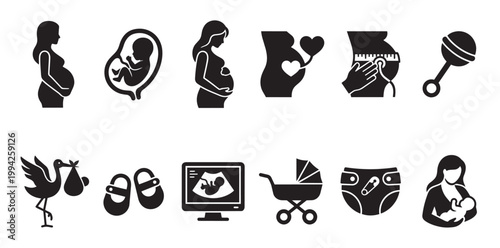 A clean black and white silhouette icon set visually representing stages of pregnancy, childbirth, and infancy, ideal for digital and print media.