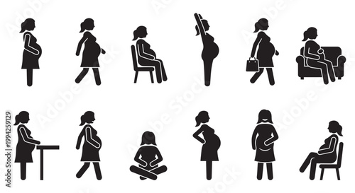 A collection of simple black silhouette icons depicting pregnant women in various poses and activities, representing pregnancy stages and lifestyles.