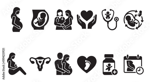 A collection of black and white icons representing pregnancy, childbirth, and related medical care, suitable for digital and print health-related content.