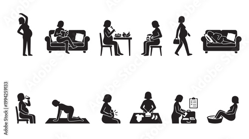A collection of black silhouette icons depicting various daily activities and milestones of a pregnant woman, including exercise, eating, and preparing for the baby.