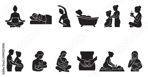 Set of black silhouette icons representing various stages and activities of pregnancy and early motherhood, depicting relaxation, care, and bonding.