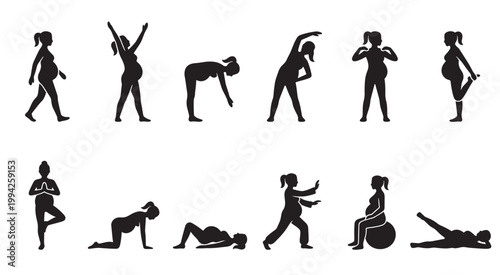 Collection of black silhouette icons depicting pregnant women performing various fitness exercises, yoga poses, and stretches, promoting healthy pregnancy and wellness.