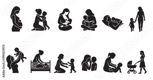 A collection of black silhouette icons illustrating different moments of motherhood and family life, from pregnancy and breastfeeding to playing and walking with children.
