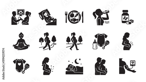 This silhouette icon set illustrates various aspects of pregnancy, including medical check-ups, nutrition, rest, and baby care, conveying health and family planning.