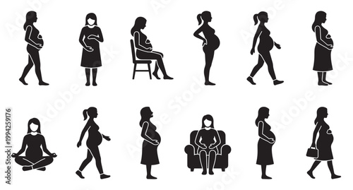 Collection of black silhouettes of pregnant women in diverse poses including walking, sitting, meditating, and standing, representing different stages of pregnancy and activities.