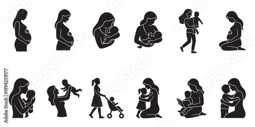 A collection of black silhouette icons depicting various stages of motherhood from pregnancy to caring for children, with a clean white background.