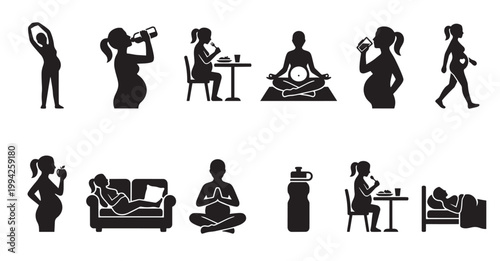 Collection of black silhouette icons depicting a pregnant woman engaged in various healthy lifestyle activities, including exercise, dining, and resting.