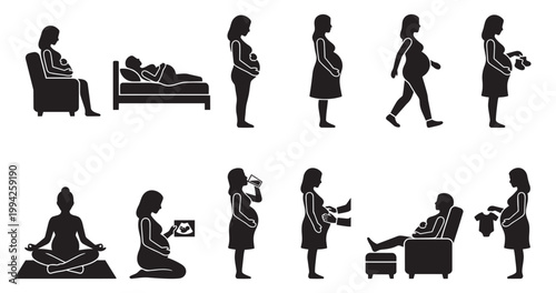This collection of black silhouettes showcases various stages and activities of pregnancy, from resting to walking and preparing for the baby.
