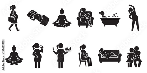 This set of black and white icons depicts various activities and stages of pregnancy, including exercise, relaxation, and family.