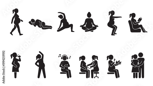 A collection of black and white pictogram icons illustrating various activities of a pregnant woman, including exercise, meditation, doctor visits, and family time.