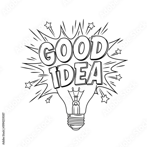 Good Idea Light Bulb Comic Style Line Art Illustration