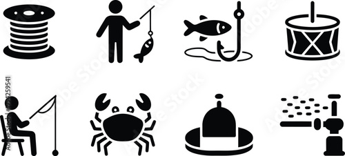 Black silhouette icons depicting fishing crabbing and nautical themes