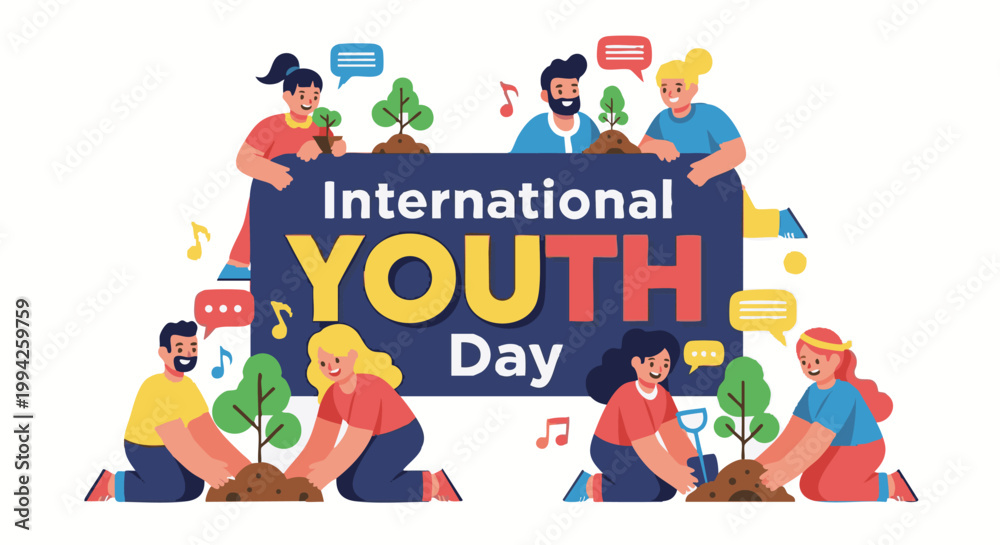 Naklejka premium International Youth Day illustration with diverse people planting trees in vibrant colorful flat design for social media campaign