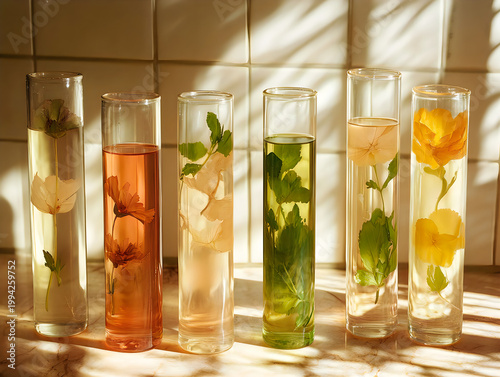 Botanical Infusions in Glass Vials with Natural Sunlight Close-up Macro Detail Refreshing Beverage Concept