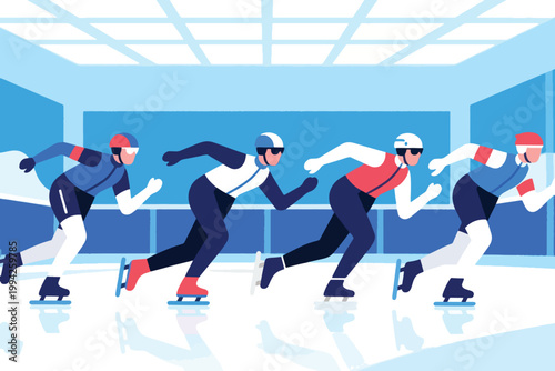 Illustration Of An Indoor Speed Skating Rink With Many Male Athletes Competing Vector Design Template