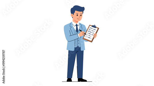 Business person checking tasks and quality. A man in a suit inspecting and confirming with a clipboard.