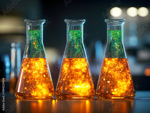 Three Erlenmeyer Flasks with Bubbling Orange and Green Liquids in Laboratory Setting