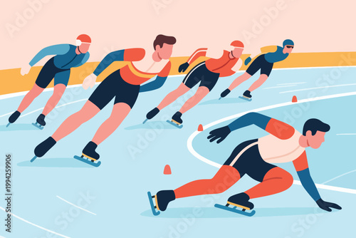 Illustration Of An Indoor Speed Skating Rink With Many Male Athletes Competing, One Athlete In Low Aerodynamic Standing Position Vector Design Template