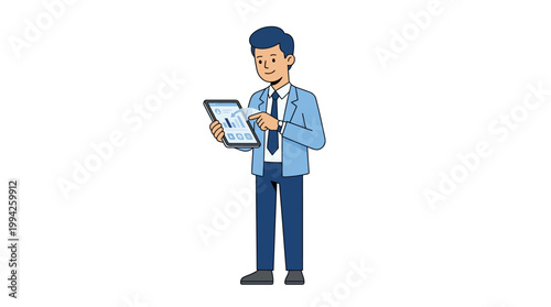 Business person analyzing data and statistics. A man in a suit checking a bar chart on a digital tablet.