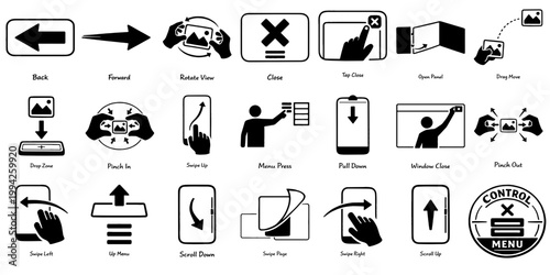 ナビゲーション・操作系UIピクトグラムセット（戻る・スワイプ・拡大縮小）、Navigation and UI Control Pictogram Set (Back, Swipe, Zoom Gestures)

