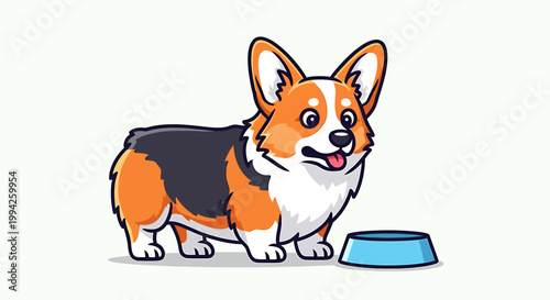 Cute Pembroke Welsh Corgi Dog Standing Next to Food Bowl.