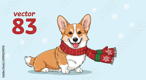 Cute Pembroke Welsh Corgi Dog Wearing a Festive Scarf.