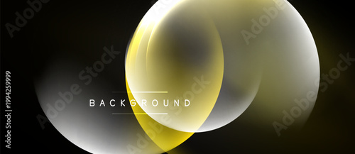 Abstract golden shapes overlap, creating luminous effect. Dark background emphasizes bright, blurred forms. Modern design element.