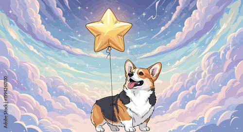 Happy Corgi Dog Holding a Golden Star Balloon.