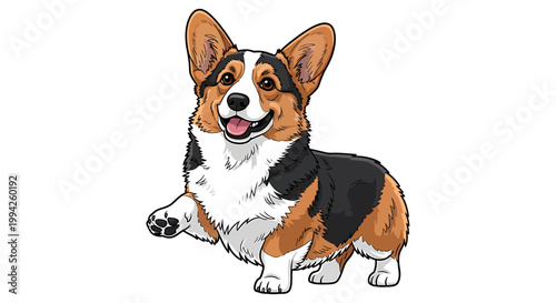 Happy Pembroke Welsh Corgi Dog Standing with Paw Raised.