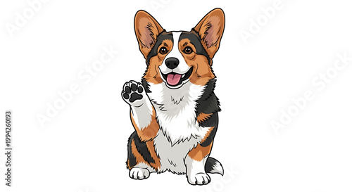 Happy Corgi Dog Waving Paw Friendly Greeting.