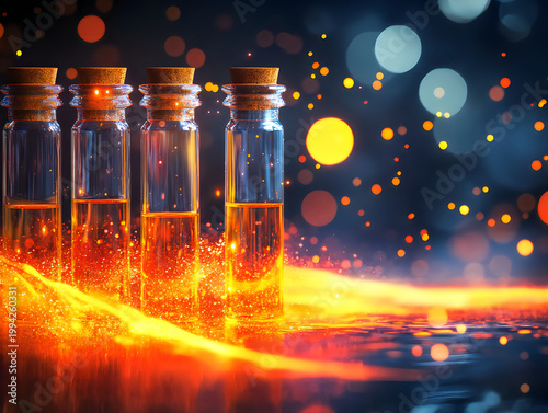Glass Vials with Amber Liquid on Fiery Surface with Bokeh Lights Macro Detail Abstract Background