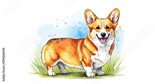 Watercolor Painting of a Happy Pembroke Welsh Corgi Dog Standing in Grass.