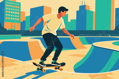 Illustration Of A Skate Park Arena With A Man Skateboarding Alone Vector Design Template