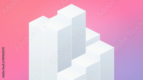Three white 3D blocks stand on a pink and purple gradient background.