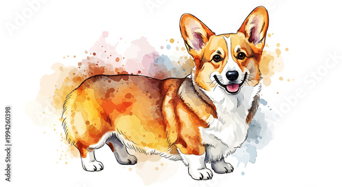 Watercolor painting of a cute Pembroke Welsh Corgi dog standing.