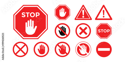 Stop Road Sign Icon Set – Traffic Safety, Warning & Prohibition Vector Collection