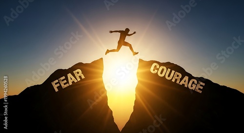 Silhouette of a person jumping across a mountain gap from fear to courage during a golden sunset