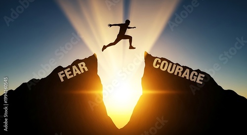 Silhouette of a person jumping across a mountain gap from fear to courage during a golden sunset