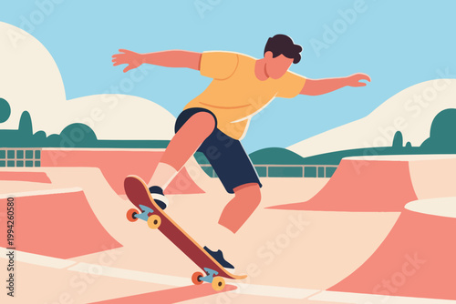 Illustration Of A Male Athlete Performing His Stunts Using A Skateboard While Maintaining Balance In A Skateboard Park Vector Design Template