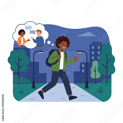 A man walks down a city street with thoughts of people talking