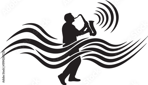 trumpet player, music icon, black silhouette, sound waves, musical symbol