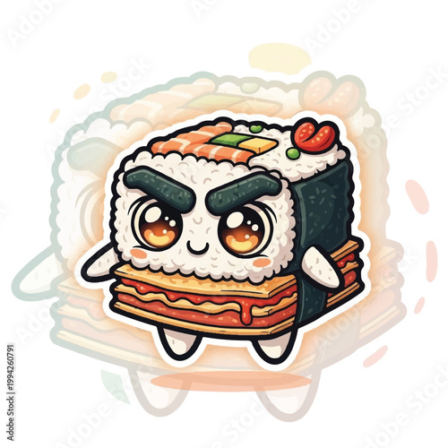 Cute sushi character with big eyes and angry eyebrows standing on a stack of pancakes.