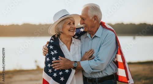 Celebrating usa independence day senior couple embraces with american flag patriotic joy