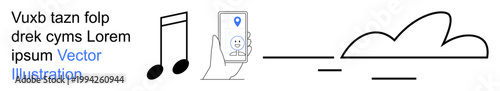 Digital services, music streaming, cloud storage, data sharing, location tracking, technology. A smartphone with music notes, a cloud and a GPS icon. Music streaming and cloud storage concept