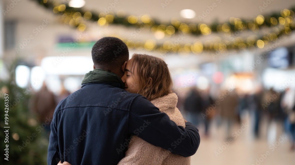 Fototapeta premium Couple embracing in festive atmosphere, surrounded by holiday de