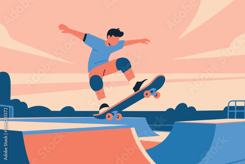 Illustration Of A Boy Jumping In A Skate Park Using A Skateboard Vector Design Template