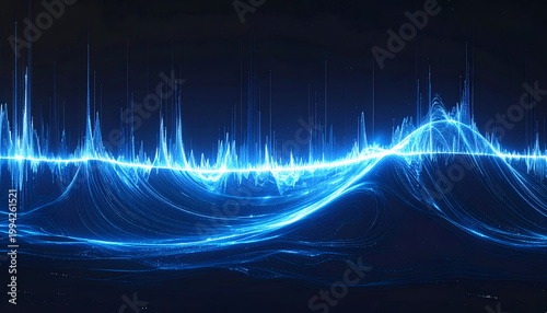 A mesmerizing abstract composition features flowing lines of vibrant blue light against a deep black background, creating a dynamic and futuristic visual experience.