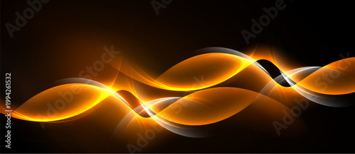 Abstract orange waves over black background. Dynamic lines create glowing effect, modern design element. Smooth curves suggest energy, motion.
